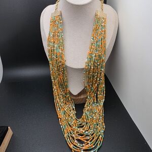 Vibrant Orange and Green Seedbead Beaded Necklace (1571)